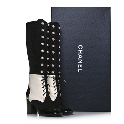 Chanel Kid Suede Lambskin Patent Calfskin Pearl Lace Up High Boots 38.5 Black Ecru 8 of 8