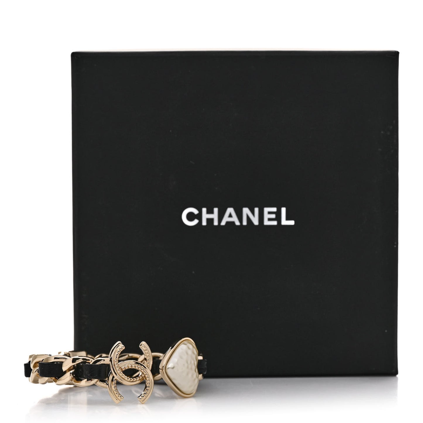 Metal Lambskin Pearl CC Heart Chain Cuff Bracelet Gold