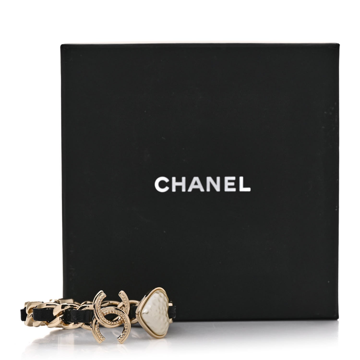 Chanel Metal Lambskin Pearl CC Heart Chain Cuff Bracelet Gold 5 of 5
