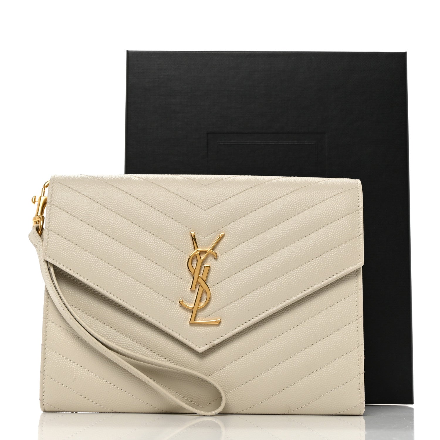 Saint Laurent Grain De Poudre Matelasse Chevron Monogram Envelope Clutch Blanc Vintage 8 of 8