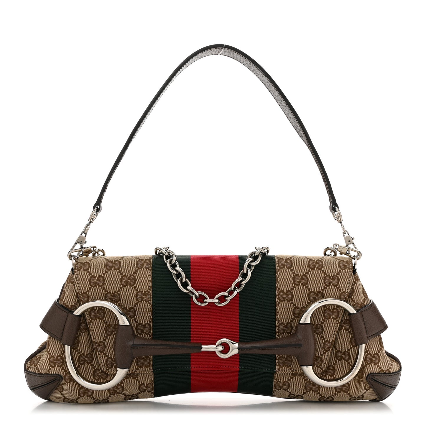 Monogram Textured Dollar Calfskin Heavy Grosgrain Web Medium Maxi Horsebit Chain Shoulder Bag Beige Ebony New Acero