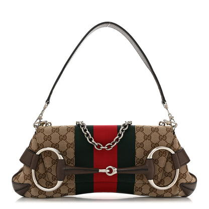 Gucci Monogram Textured Dollar Calfskin Heavy Grosgrain Web Medium Maxi Horsebit Chain Shoulder Bag Beige Ebony New Acero 1 of 10