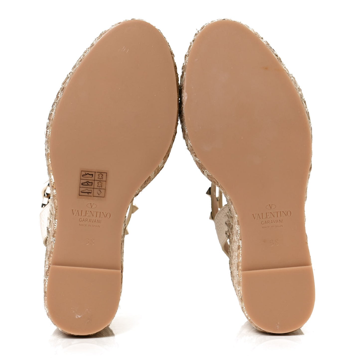Grained Calfskin Rockstud Ankle Strap Espadrille Wedge Sandals 38 Light Ivory Natural