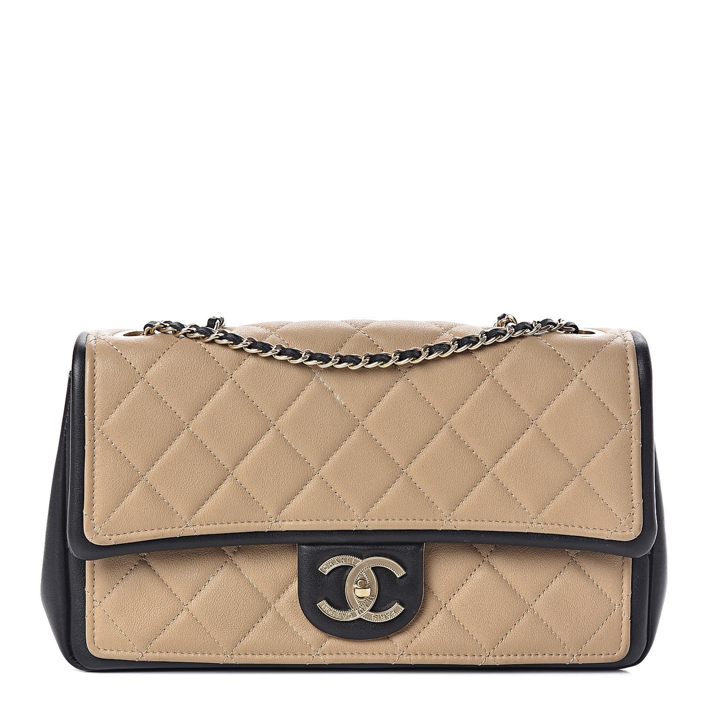 Calfskin Quilted Medium Graphic Flap Beige Black