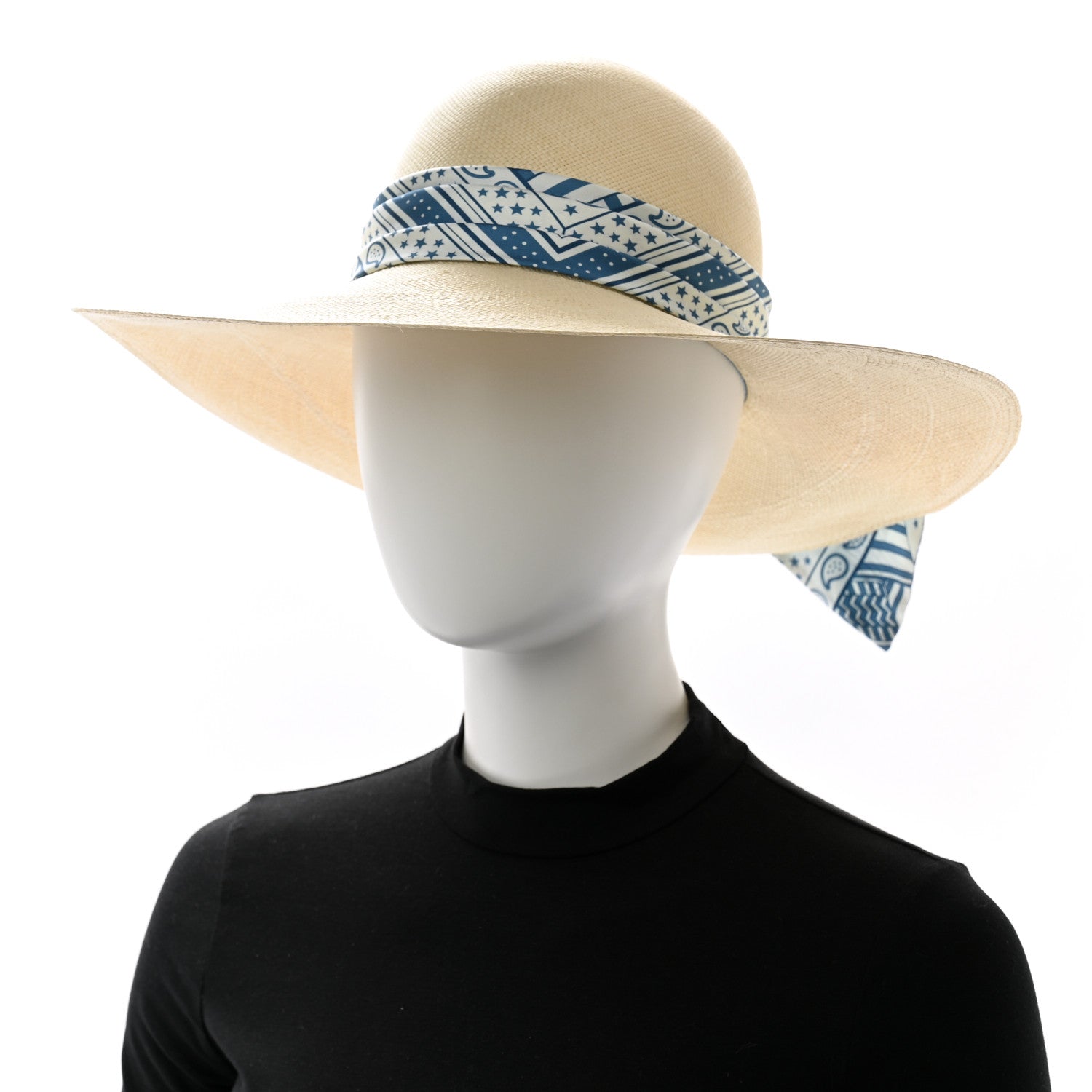 Hermes Straw Ingrid Zigzag Panama Hat 56 Naturel Bleu Jean 2 of 9