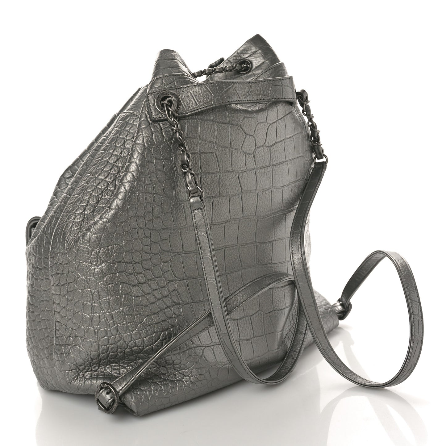 Metallic Calfskin Crocodile Embossed Large Backpack Silver