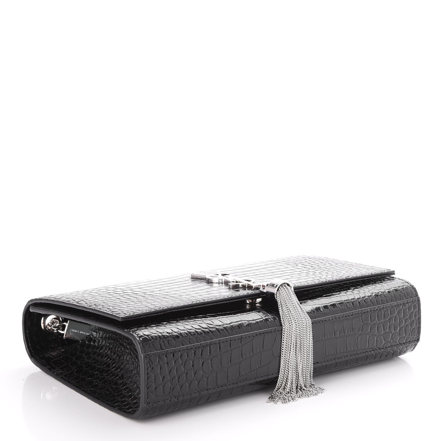 Saint Laurent Calfskin Crocodile Embossed Medium Classic Monogram Kate Tassel Satchel Black 4 of 6