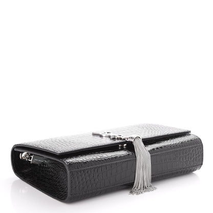 Saint Laurent Calfskin Crocodile Embossed Medium Classic Monogram Kate Tassel Satchel Black 4 of 6