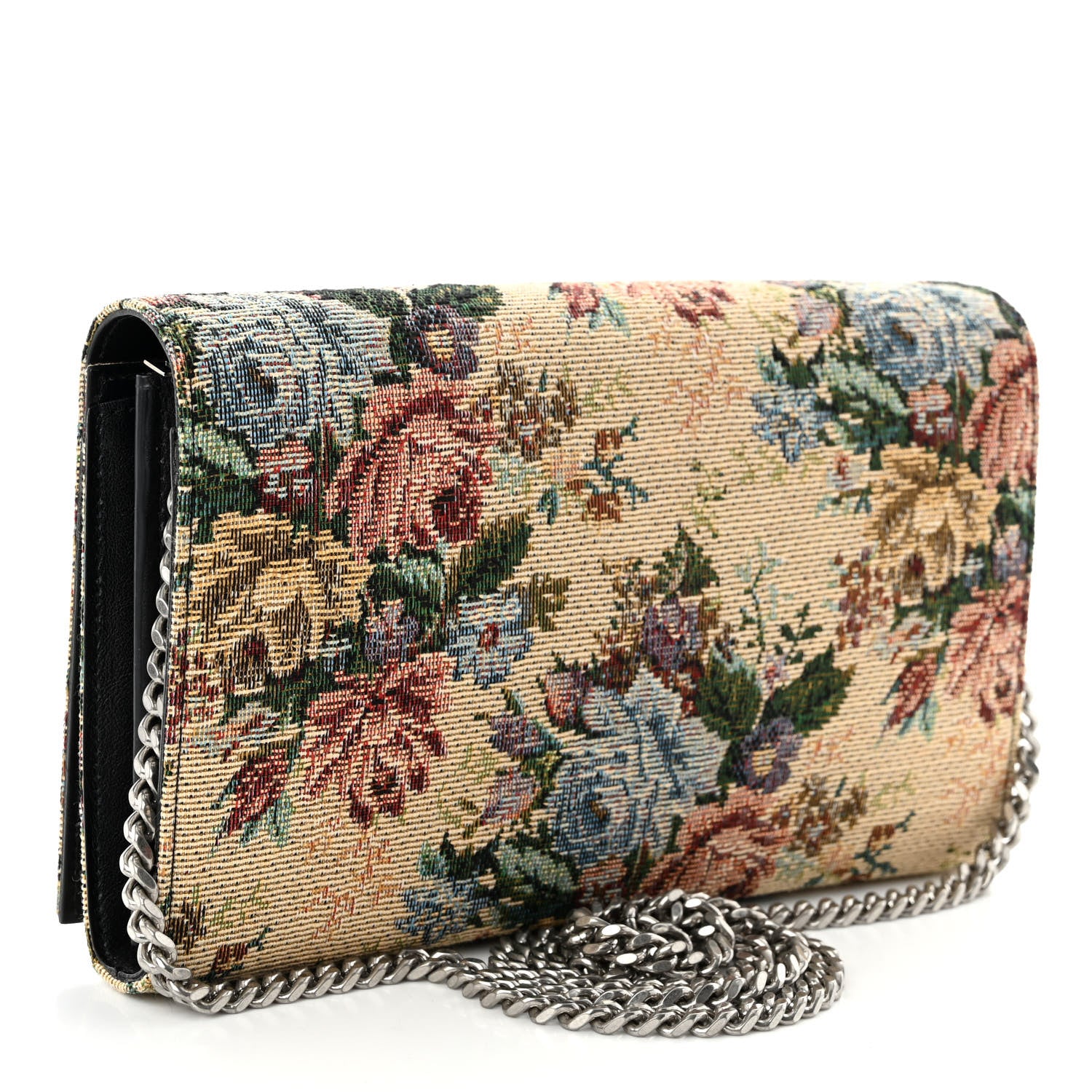 Saint Laurent Tapestry Bouquet Monogram Chain Wallet Beige Rogue Blue 3 of 9