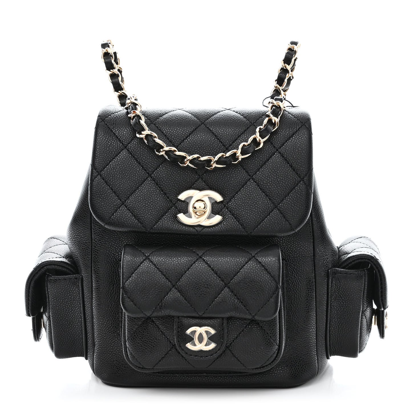 Shiny Caviar Quilted Small Pockets Drawstring Backpack Black