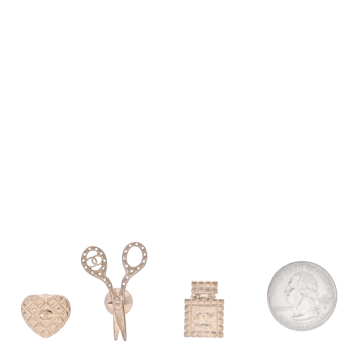 Metal Strass Crystal Quilted CC Heart Scissors Perfume Brooch Set Gold