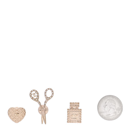 Chanel Metal Strass Crystal Quilted CC Heart Scissors Perfume Brooch Set Gold 2 of 5