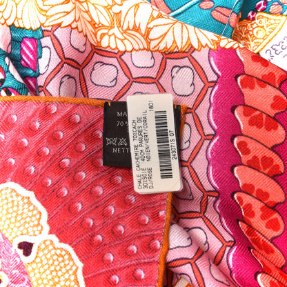 Hermes Cashmere Silk Parures De Samourais Shawl 140 Rose Indien Vert Corail 3 of 3
