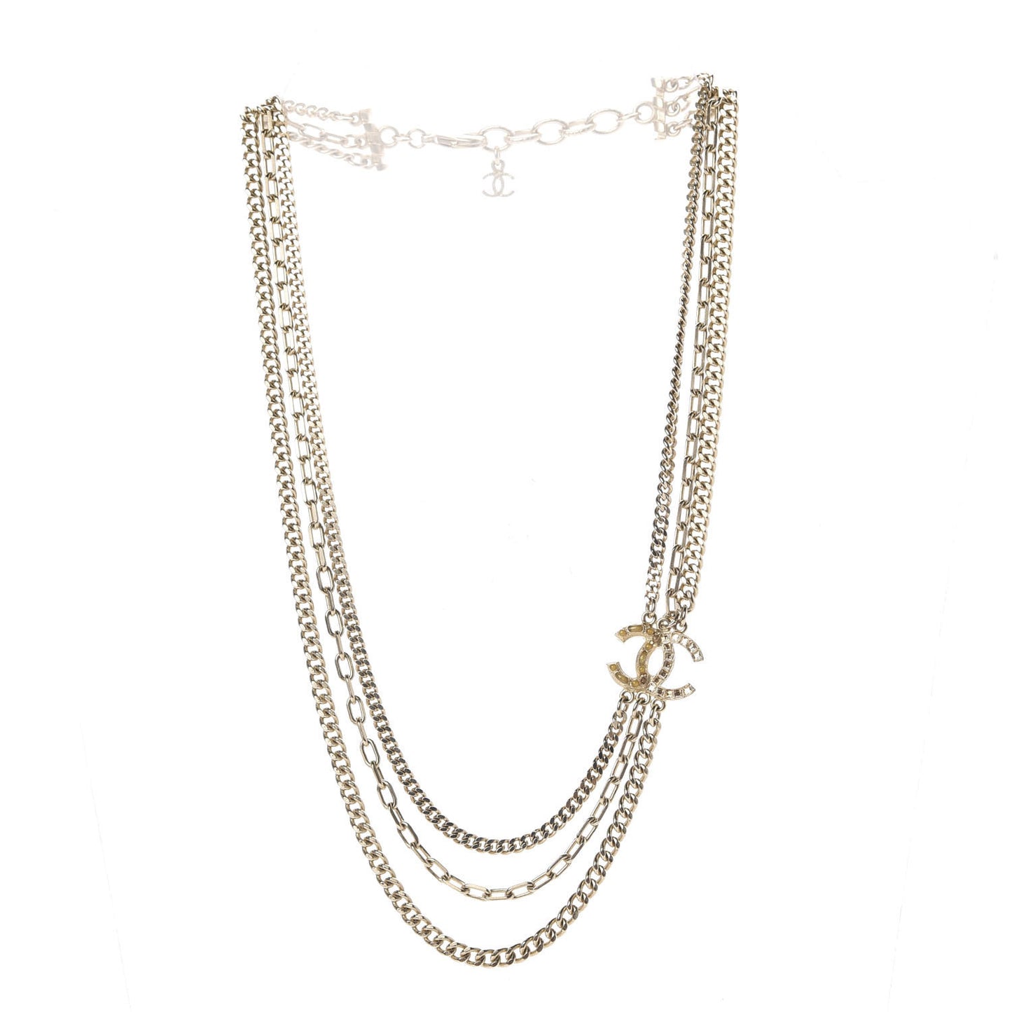 Baguette Crystal Gripoix Poured Glass CC Multi Strand Chain Necklace Light Gold