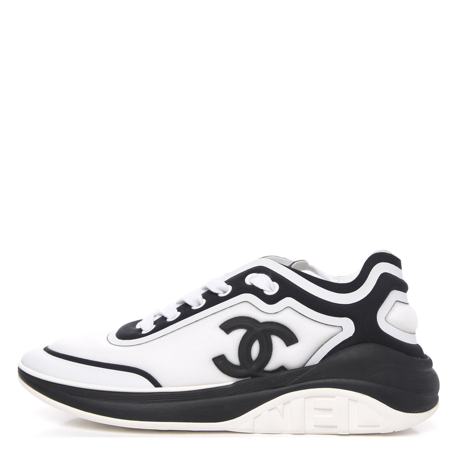 Chanel Lycra Womens CC Sneakers 36.5 White Black 1 of 8
