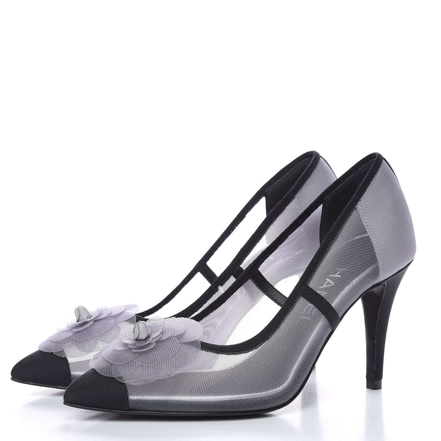 Mesh Grosgrain Camellia Pumps 35 Grey Black