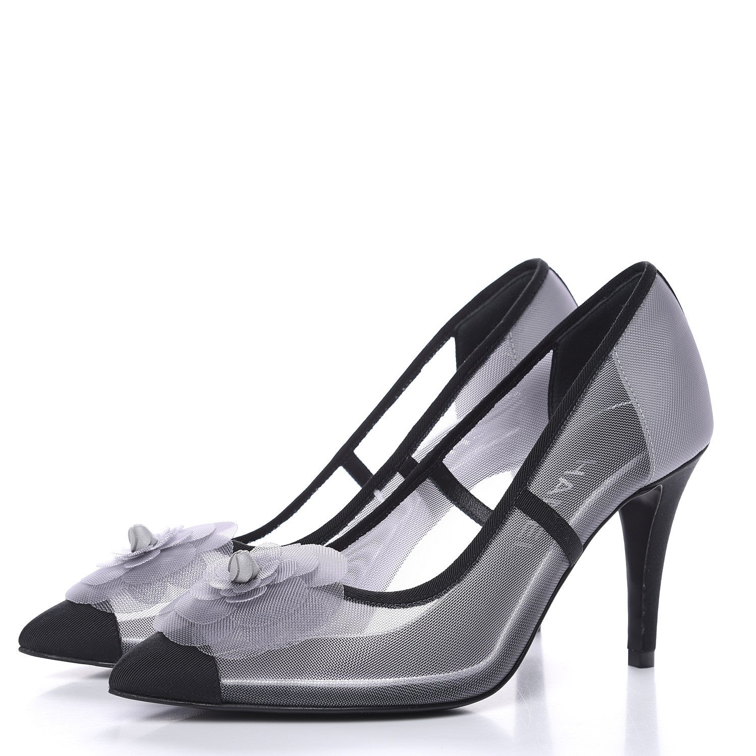 Chanel Mesh Grosgrain Camellia Pumps 35 Grey Black 3 of 8
