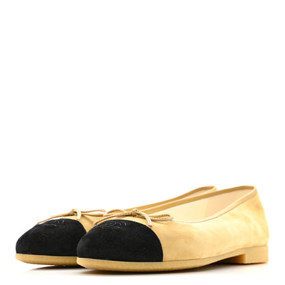 Chanel Suede Goatskin Cap Toe CC Ballerina Flats 38 Beige Black 3 of 10