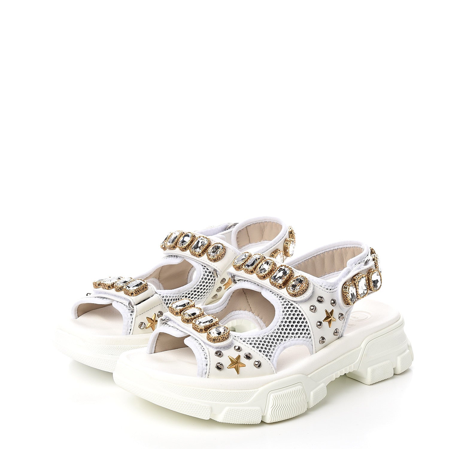 Gucci Nappa Mesh Crystal Embellished Studded Womens Aguru Sandals 40 Great White 3 of 7