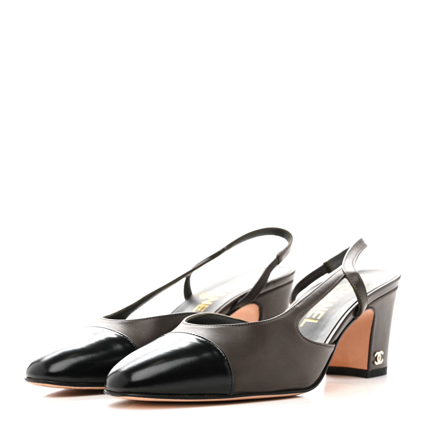 Lambskin Calfskin Cap Toe CC Slingback Pumps 36.5 Grey Black