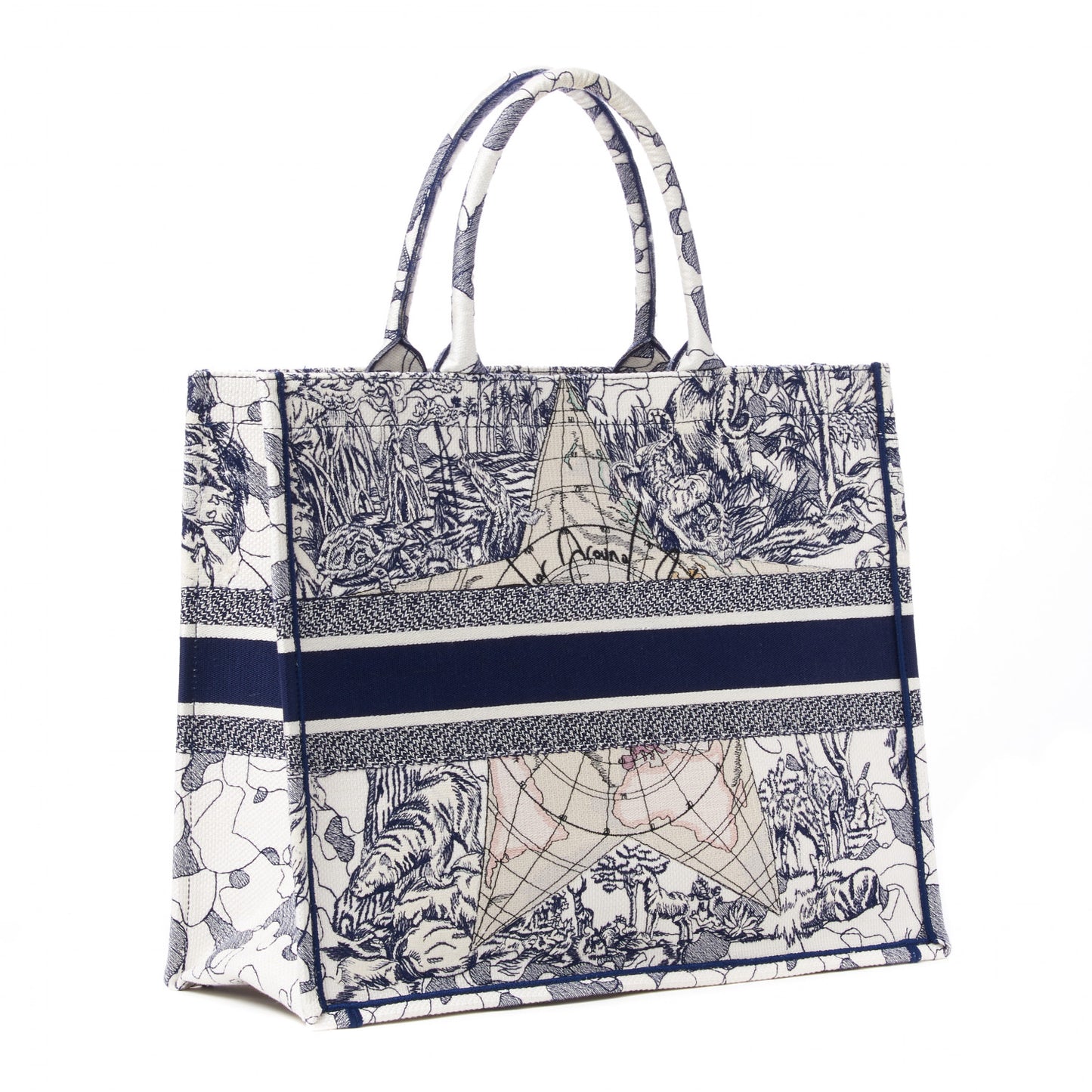 Canvas Embroidered Large Around The World Book Tote Blue