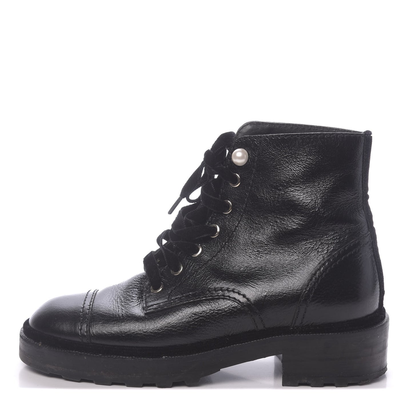 Calfskin Velvet Pearl Combat Short Boots 37 Black