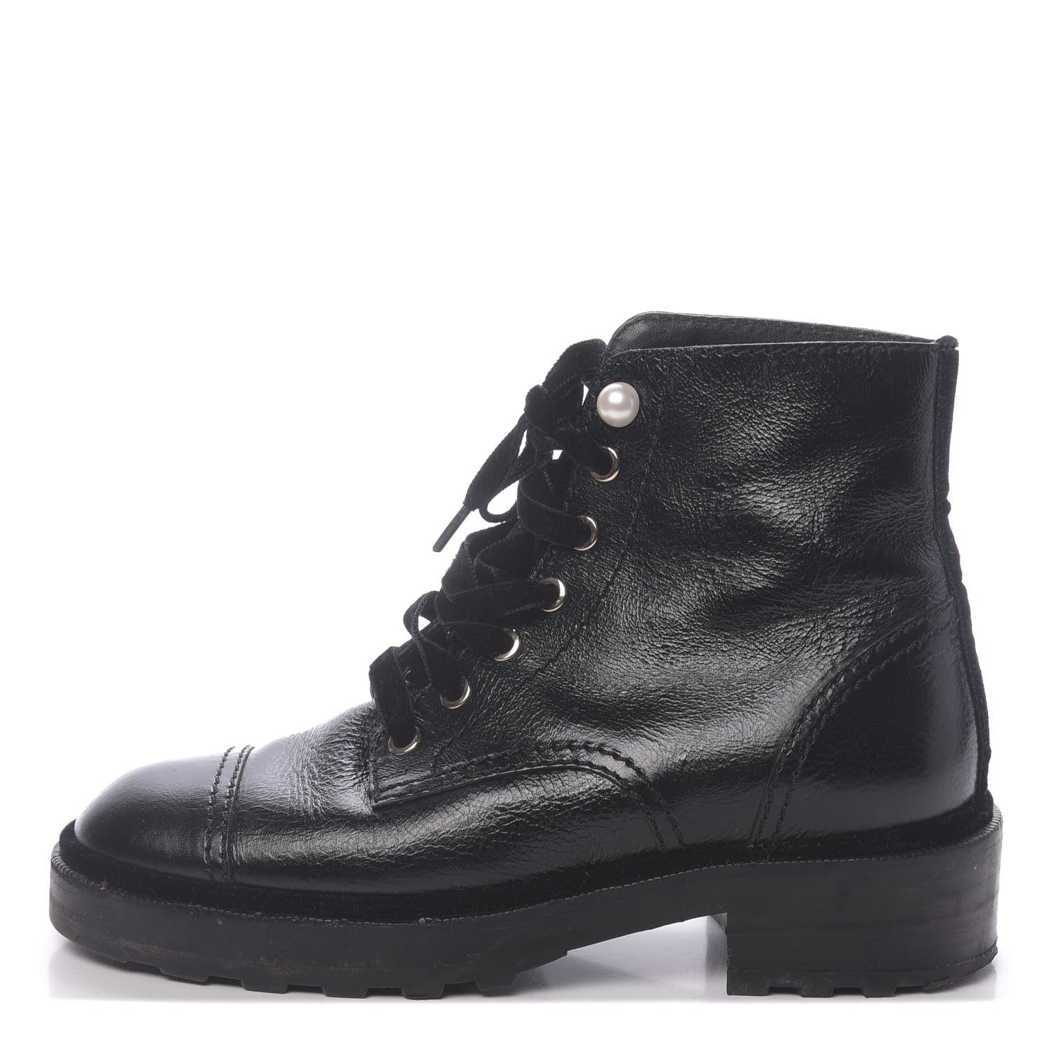 Chanel Calfskin Velvet Pearl Combat Short Boots 37 Black 1 of 8