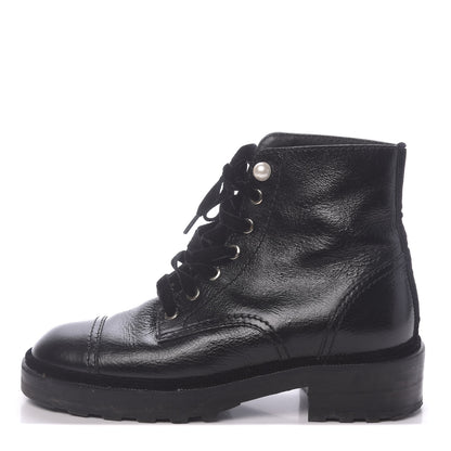 Chanel Calfskin Velvet Pearl Combat Short Boots 37 Black 1 of 8