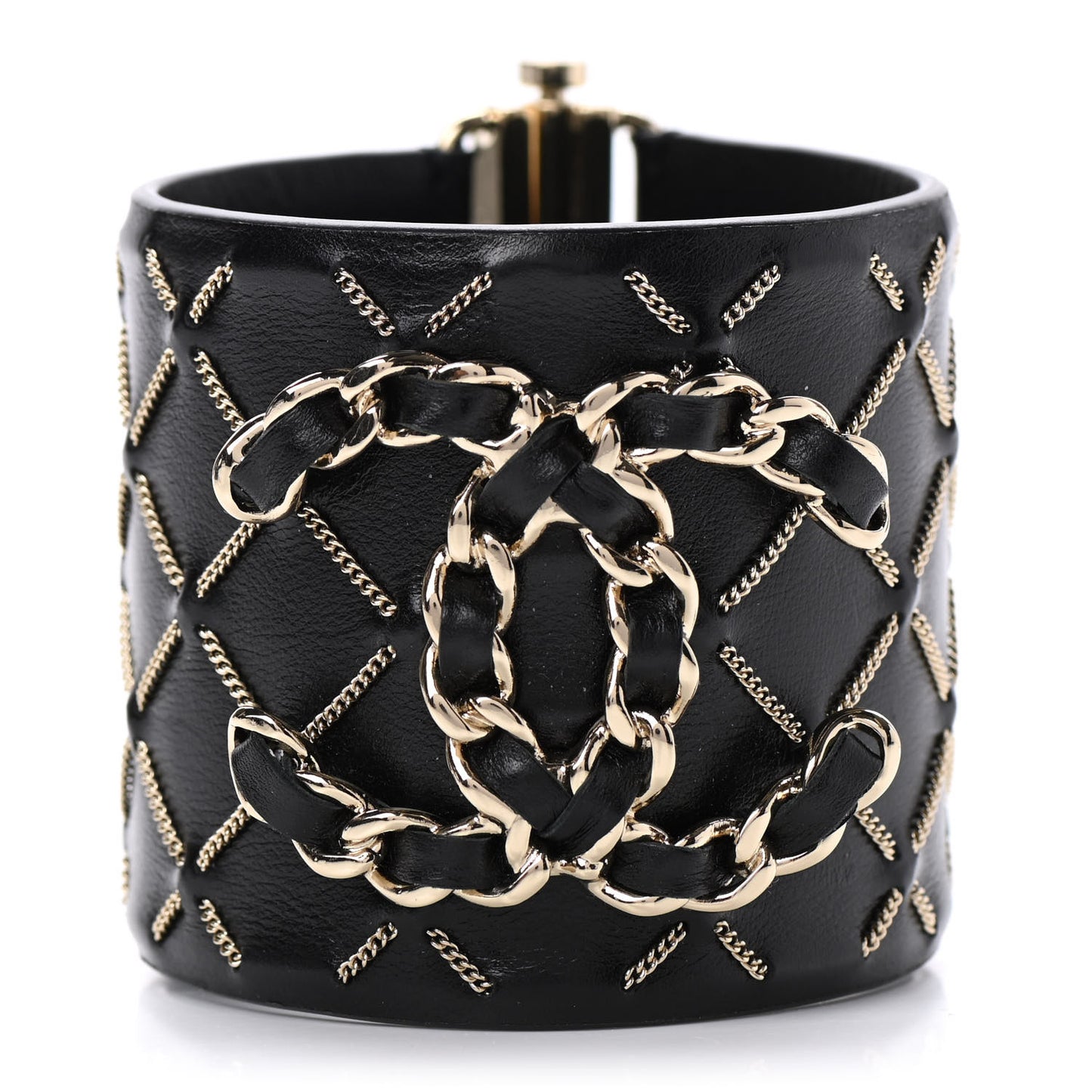 Lambskin Chain Stitched CC Cuff Bracelet L Black Gold