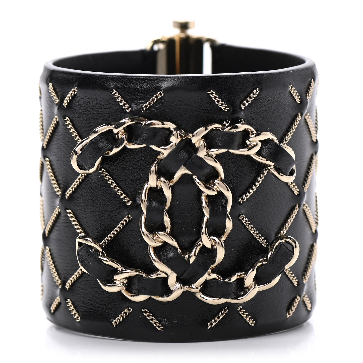 Chanel Lambskin Chain Stitched CC Cuff Bracelet L Black Gold 1 of 4