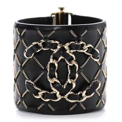 Chanel Lambskin Chain Stitched CC Cuff Bracelet L Black Gold 1 of 4