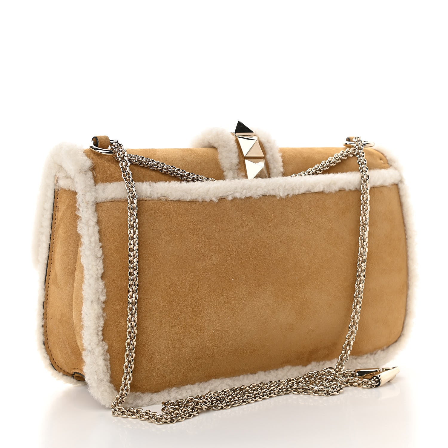 Valentino Garavani Shearling Medium Glam Lock Rockstud Flap Tan 3 of 10