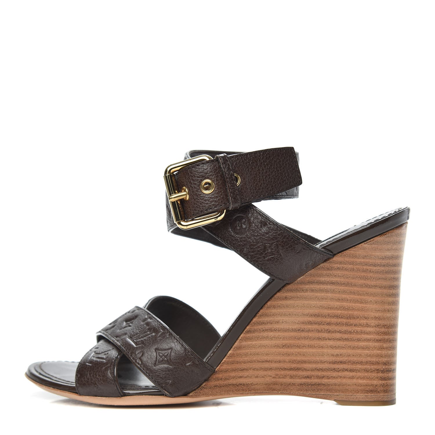 Louis Vuitton Calfskin Monogram Embossed Wedge Sandals 38 Terre 1 of 8