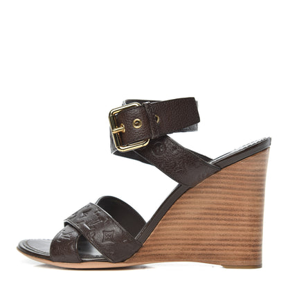 Louis Vuitton Calfskin Monogram Embossed Wedge Sandals 38 Terre 1 of 8