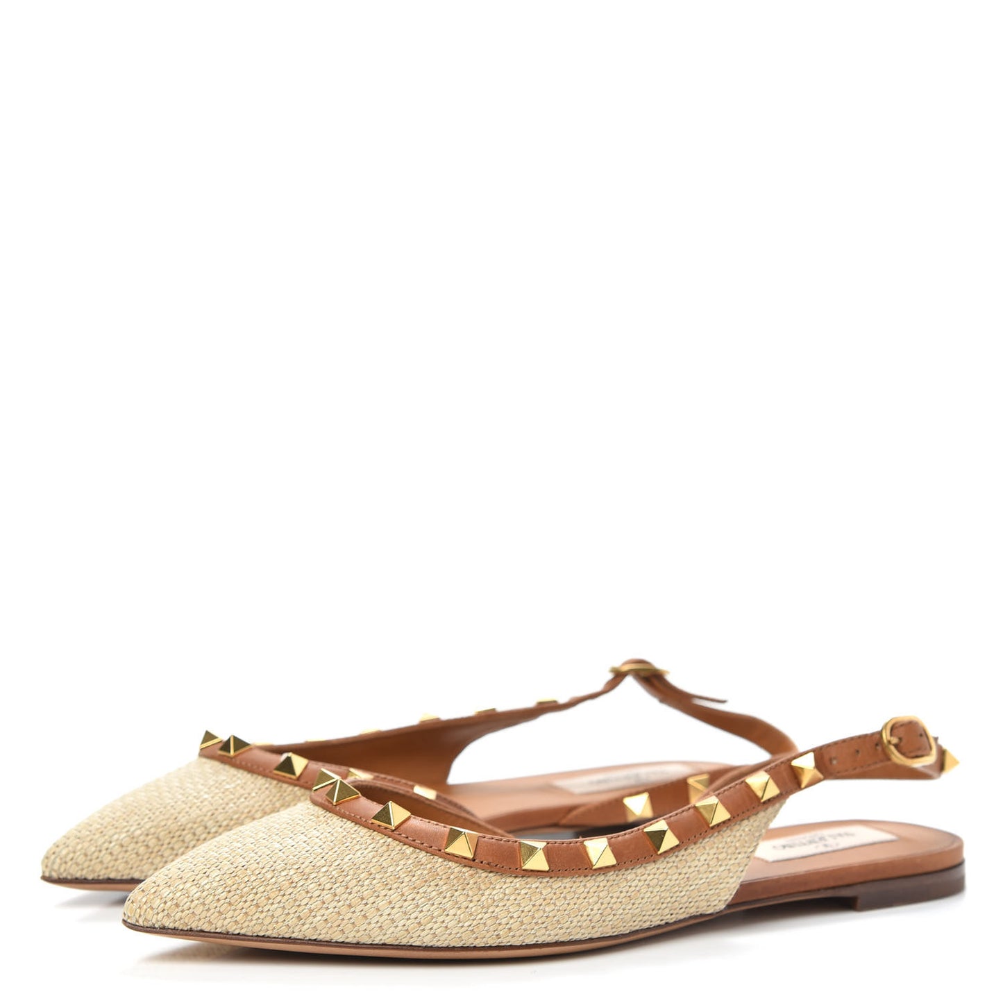 Raffia Calfskin Rockstud Slingback Flats 36 Naturale