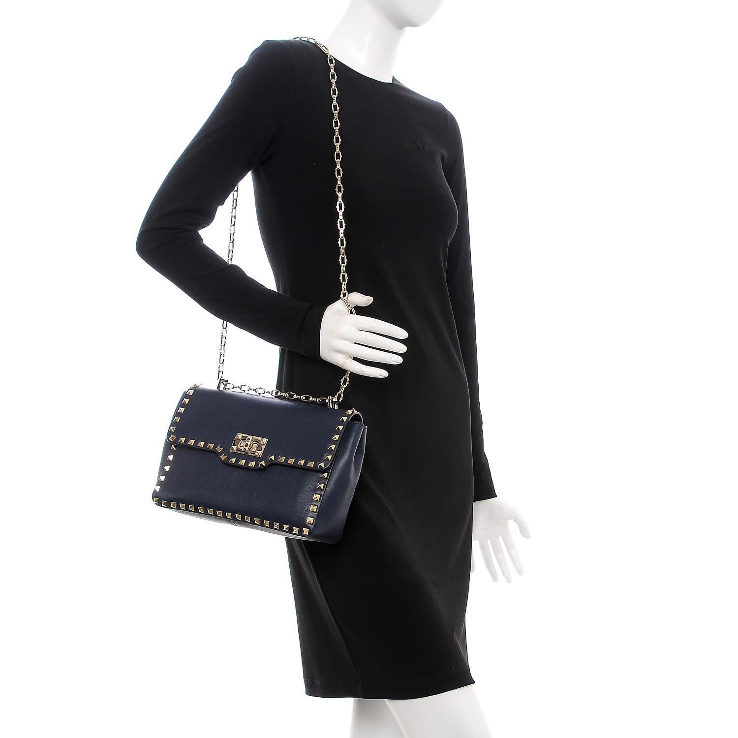 Valentino Garavani Vitello Rockstud Chain Strap Shoulder Bag Marine 2 of 7