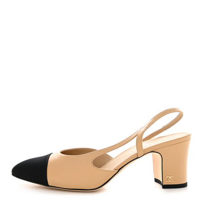 Chanel Goatskin Grosgrain Cap Toe CC Slingback Pumps 41 Beige Black 1 of 9