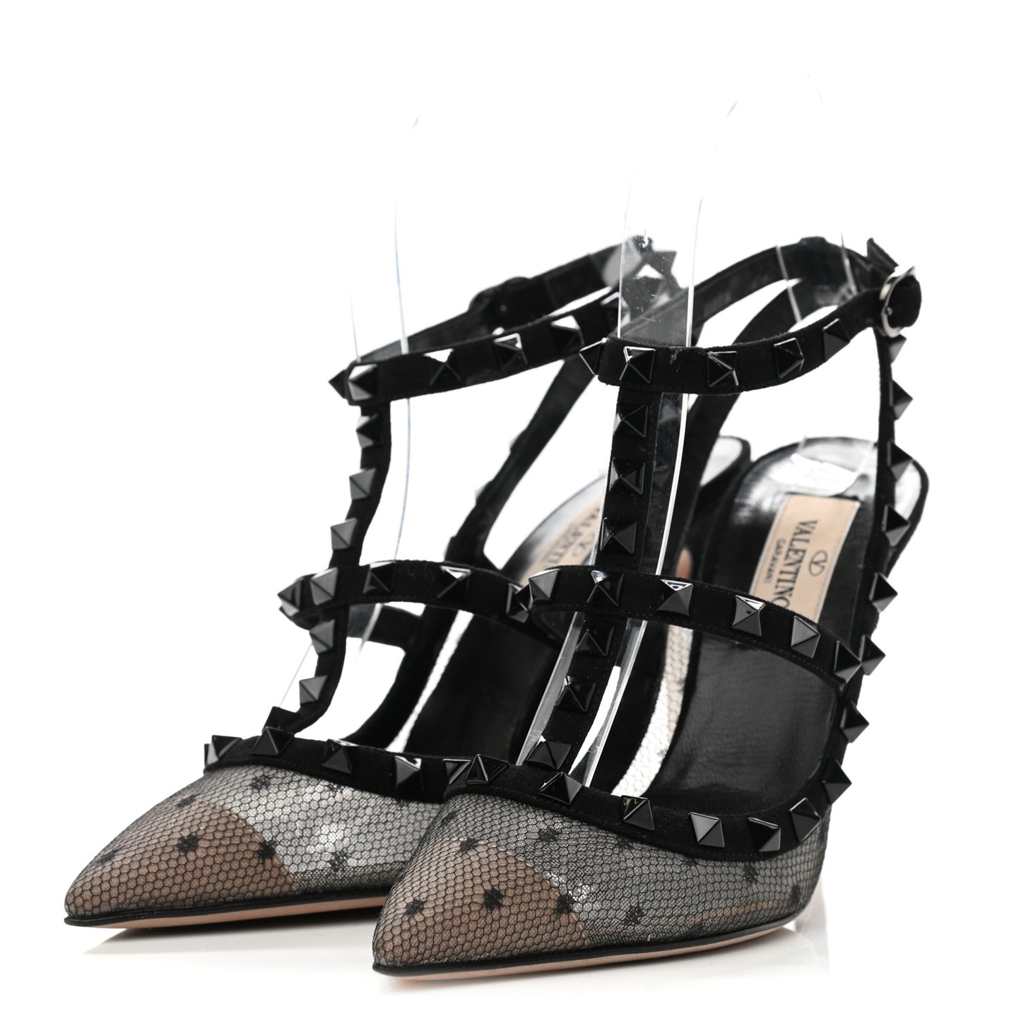 Mesh Point d'Esprit Suede Rockstud Ankle Strap 100mm Pumps 35 Black