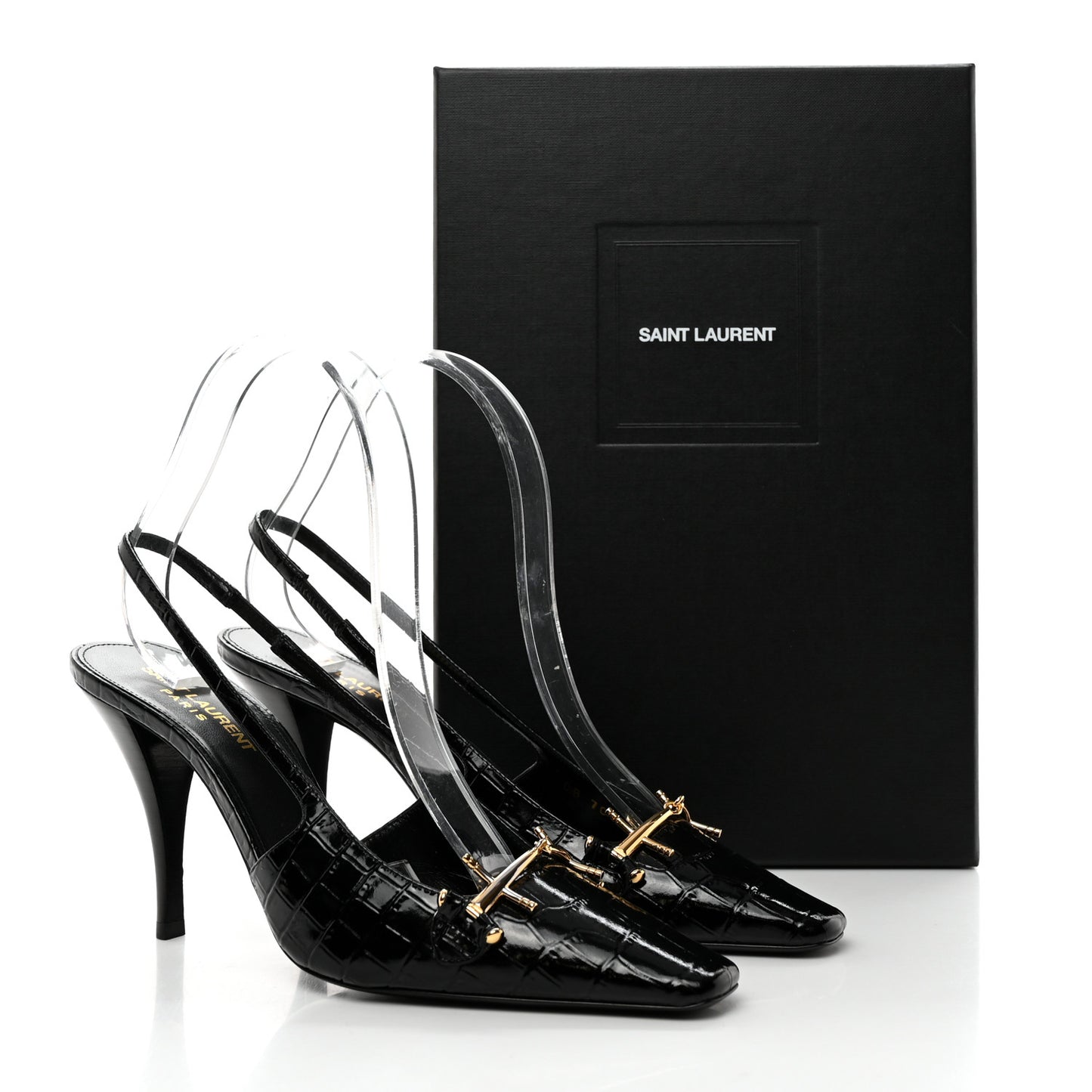 Calfskin Crocodile Embossed Slingback Tom 90 Pumps 37 Black