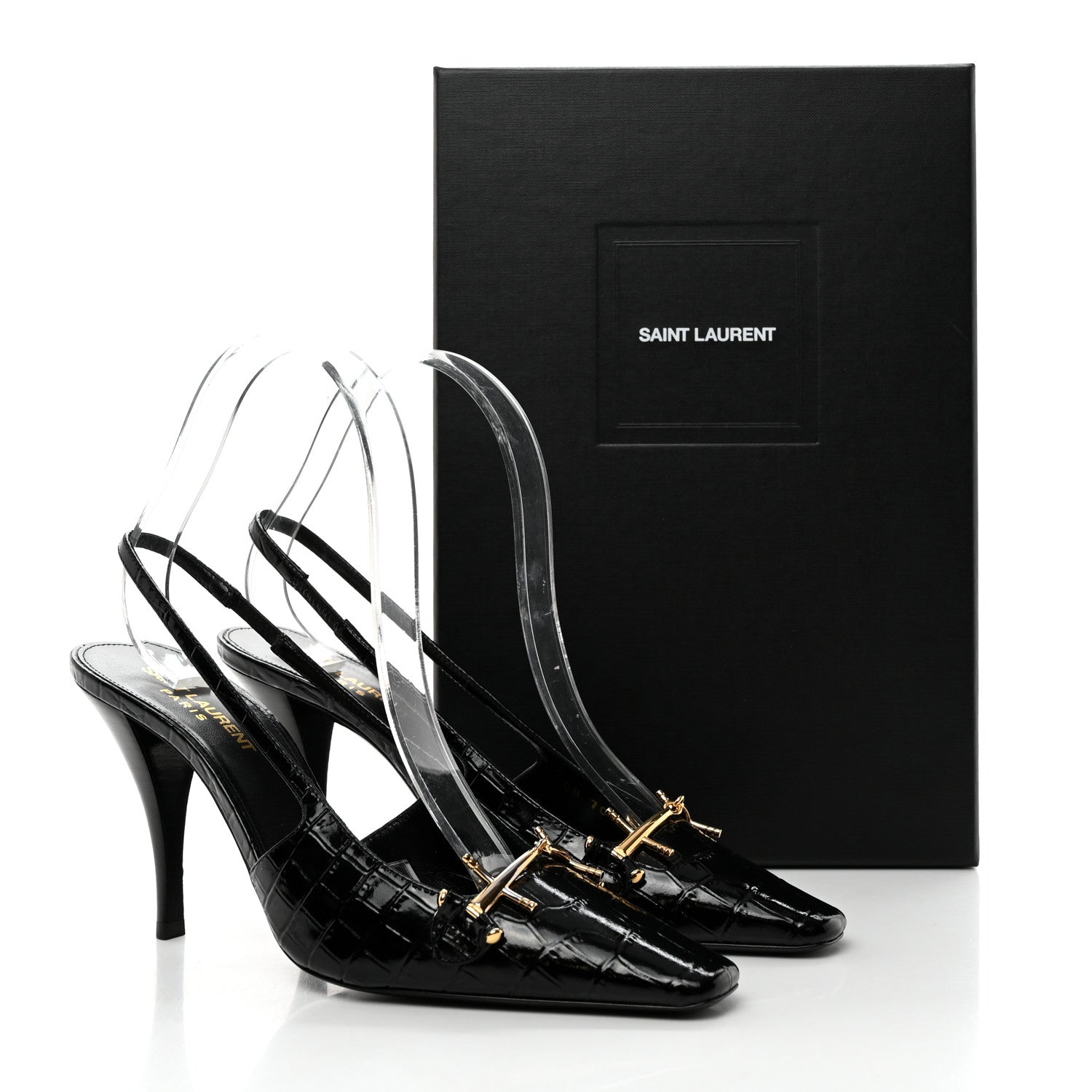 Saint Laurent Calfskin Crocodile Embossed Slingback Tom 90 Pumps 37 Black 13 of 13