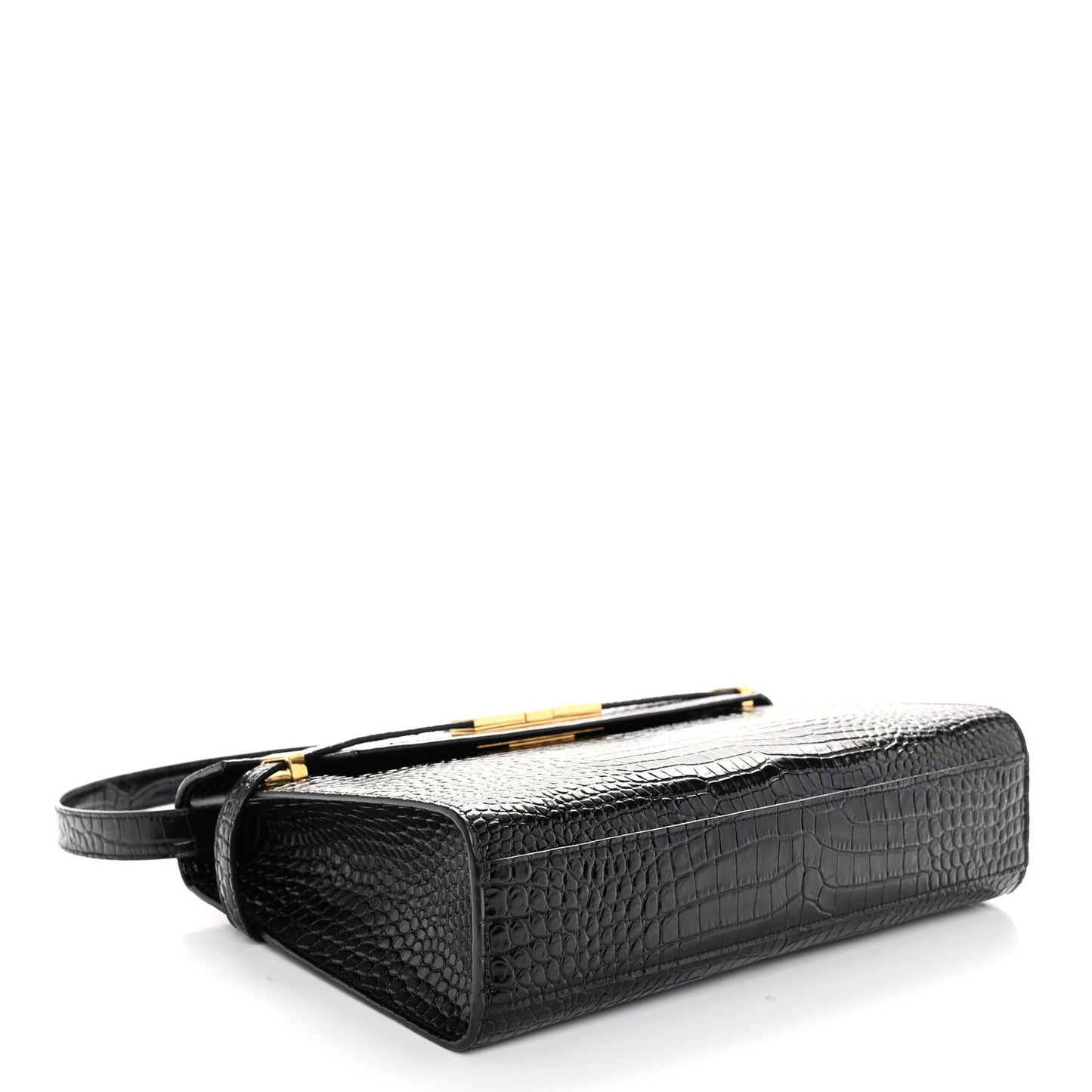 Shiny Calfskin Crocodile Embossed Manhattan Baguette Black