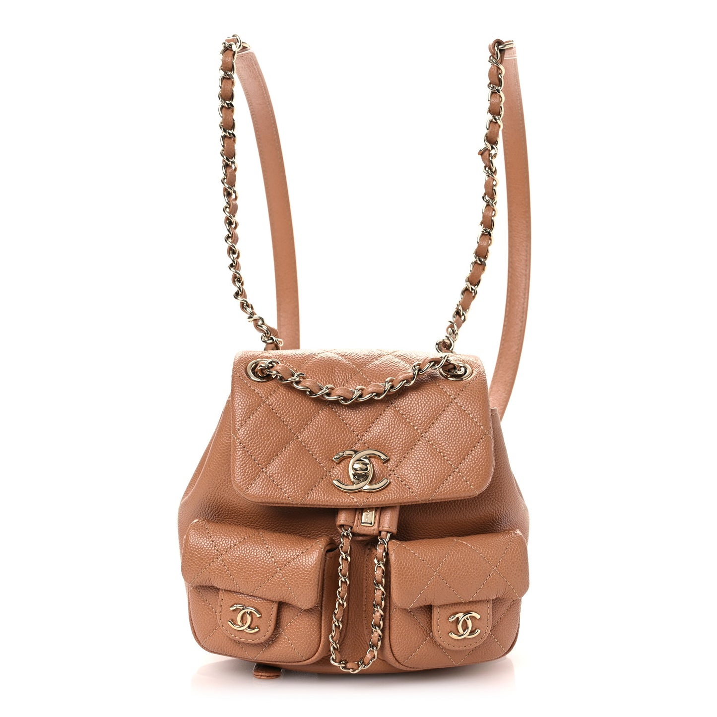 Shiny Caviar Quilted Small Duma Pockets Drawstring Backpack Dark Beige
