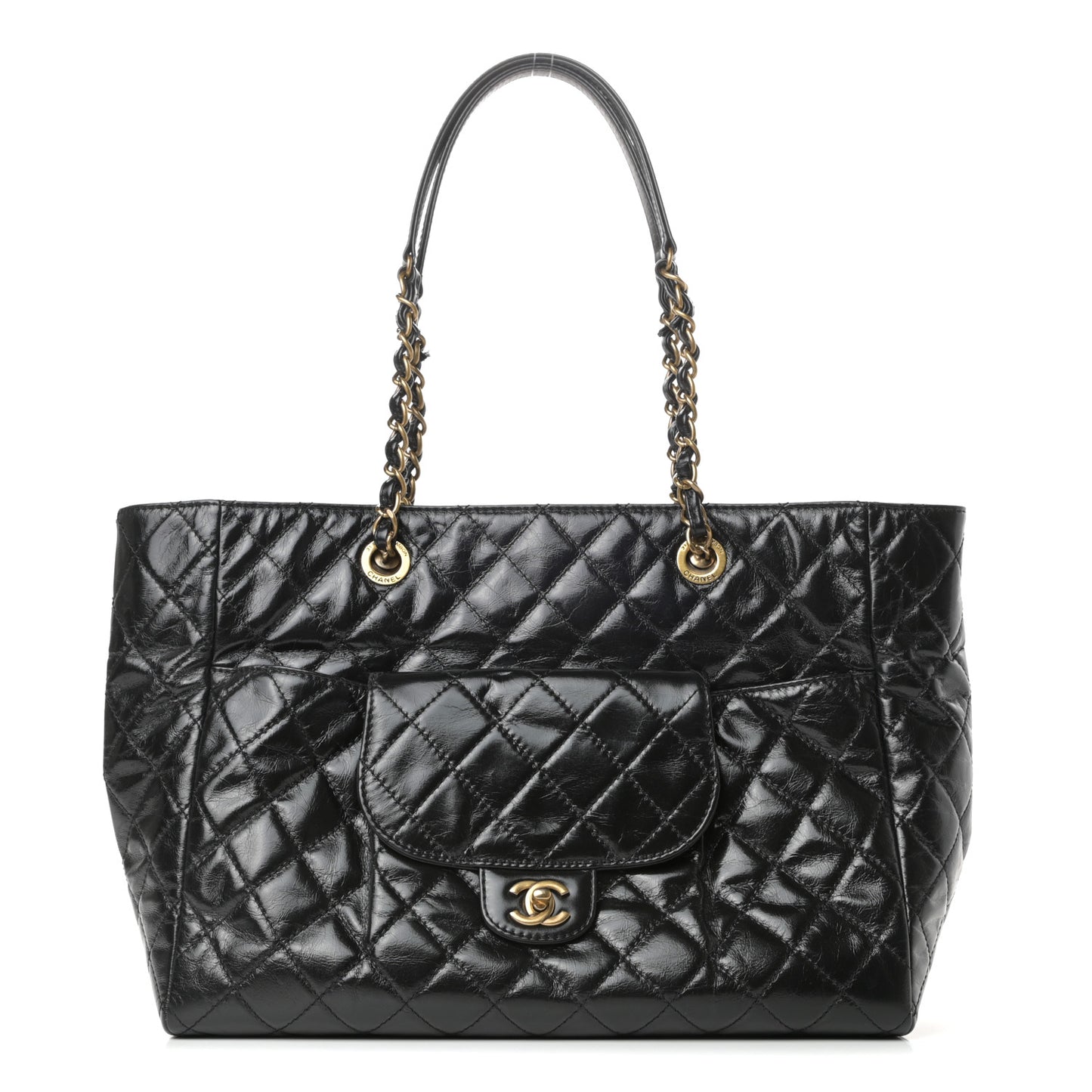 Glazed Calfskin Quilted Large Front Pocket Tote Black