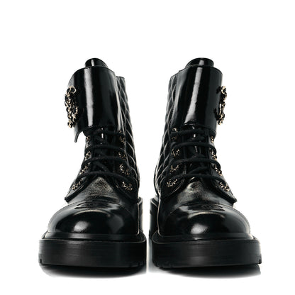 Chanel Shiny Calfskin Quilted Lace Up Combat Boots 39 Black 3 of 9