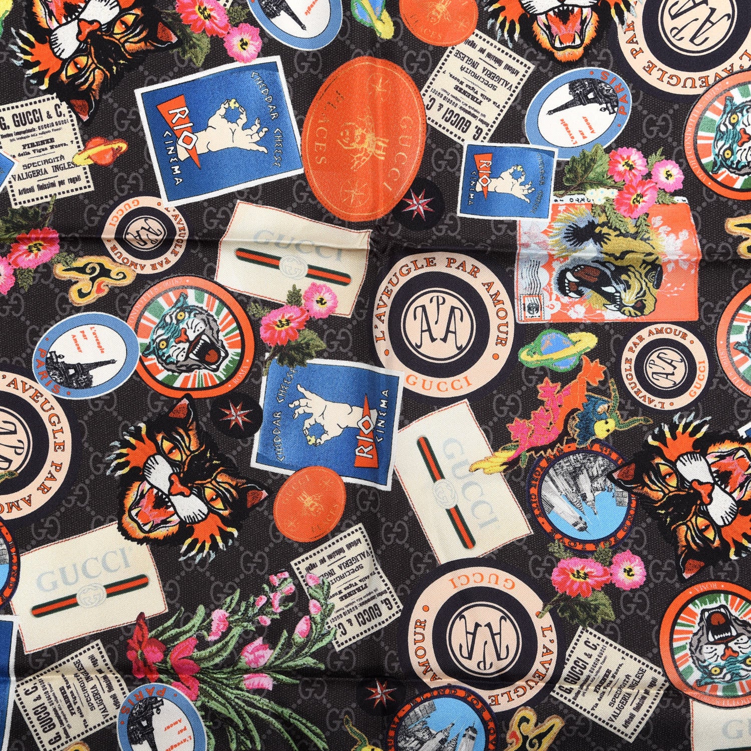 Gucci Silk Twill Monogram Courrier Square Scarf Black Light Grey 2 of 4