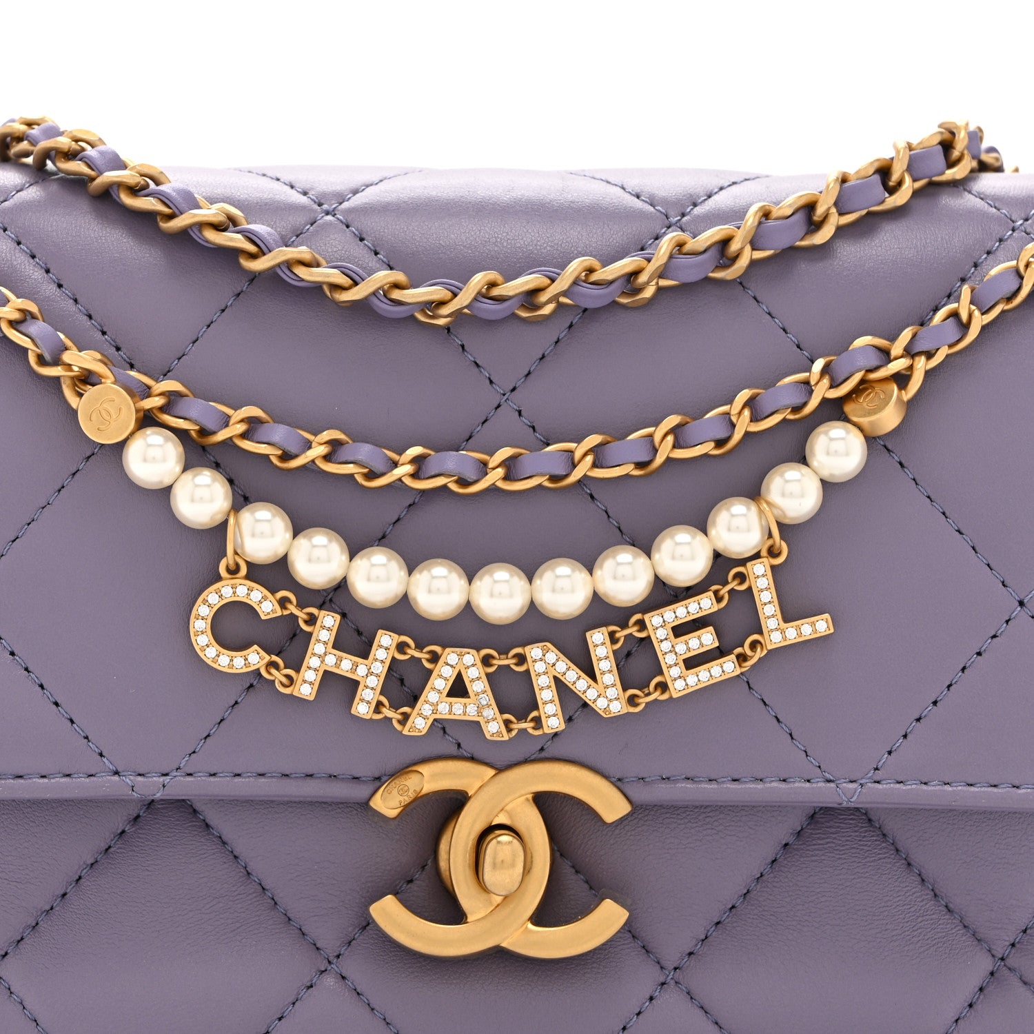 Chanel Shiny Lambskin Quilted Mini Pearl Logo Flap Light Purple 8 of 10