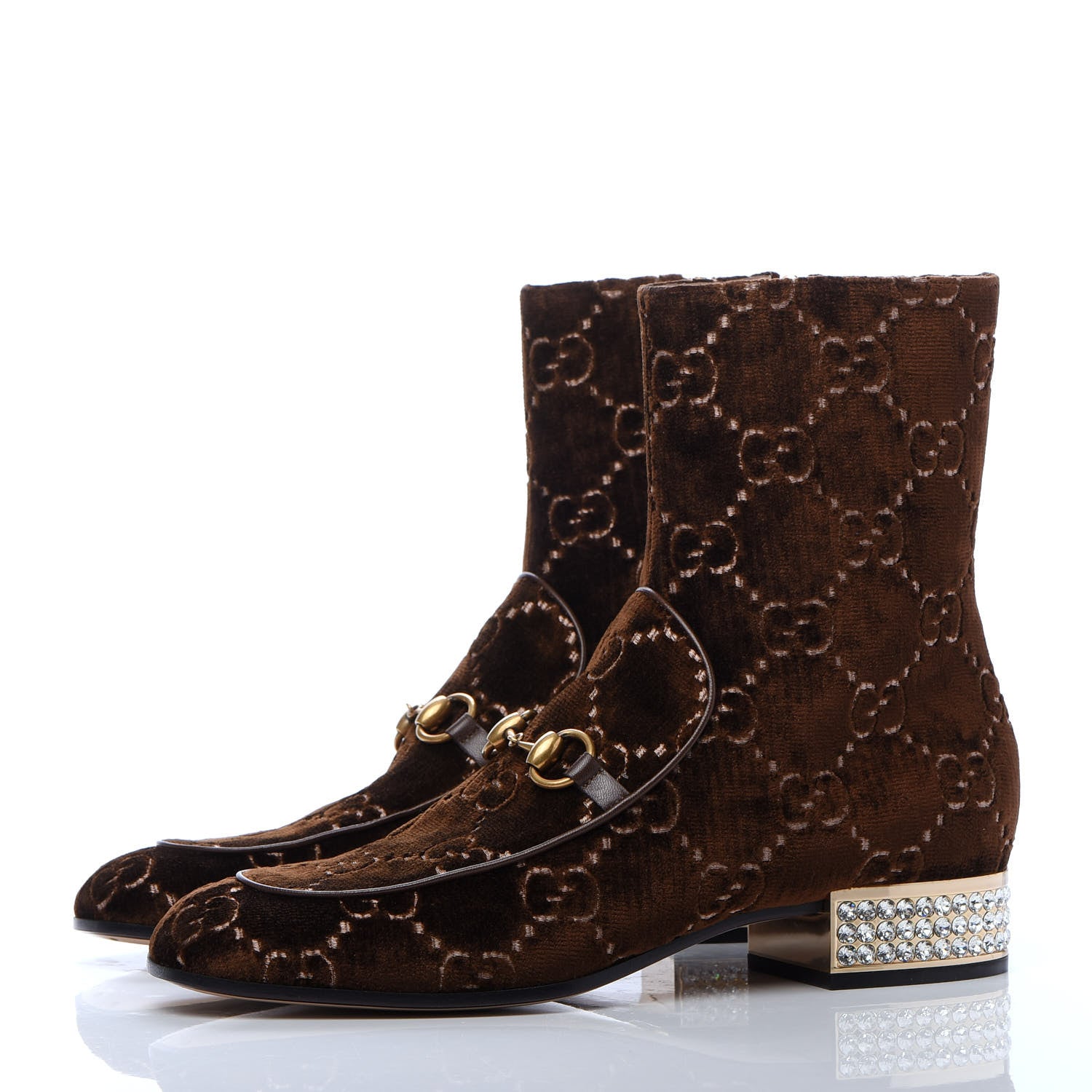 Gucci Velvet GG Monogram Crystal Horsebit Ankle Boots 41 Brown Vintage Cocoa 3 of 9