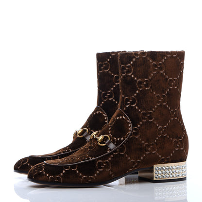 Gucci Velvet GG Monogram Crystal Horsebit Ankle Boots 41 Brown Vintage Cocoa 3 of 9