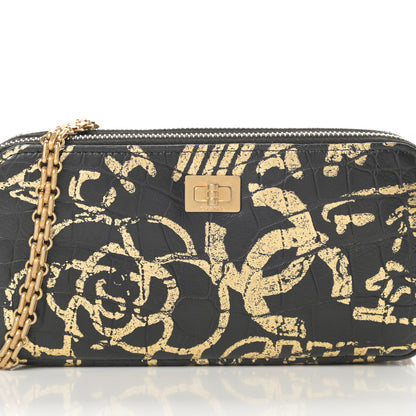 Chanel Calfskin Crocodile Embossed Graffiti 2.55 Cocodile Reissue Clutch With Chain Black Gold 11 of 14