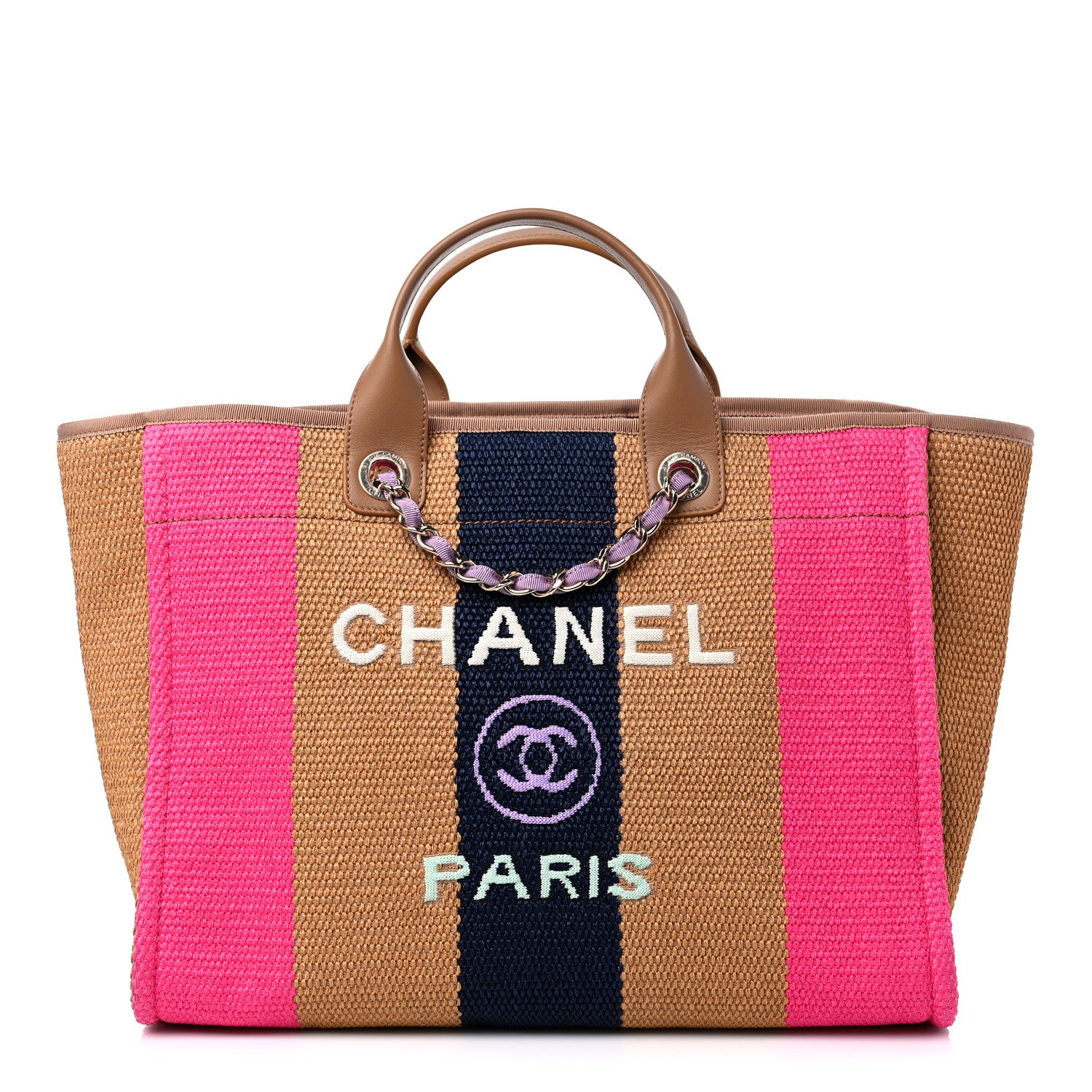 Chanel Straw Raffia Calfskin Striped Medium Deauville Tote Dark Beige Fuchsia Navy Blue 1 of 10